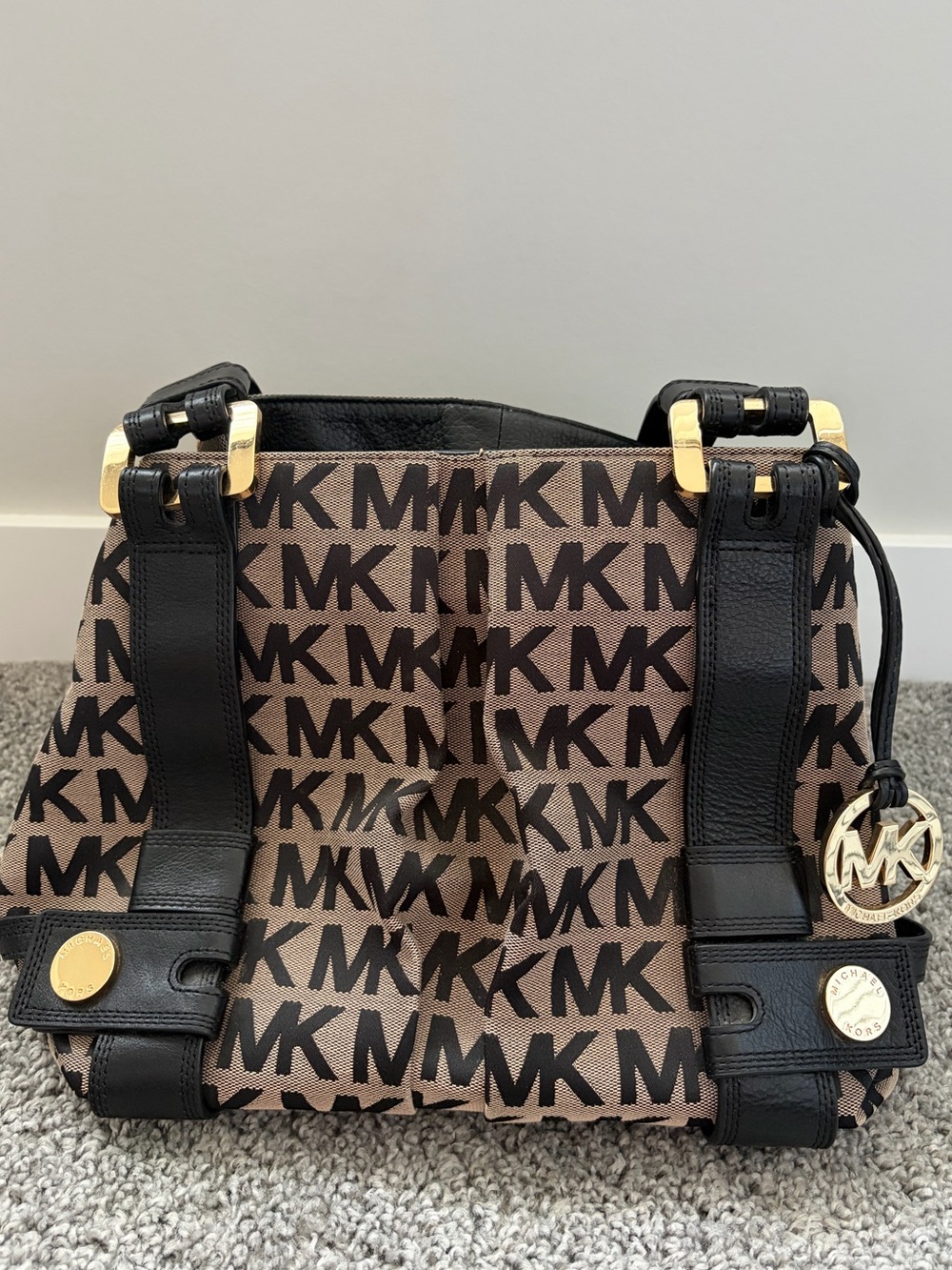 Michael Kors Brown & Black MK Logo Shoulder Bag with Gold Hardware